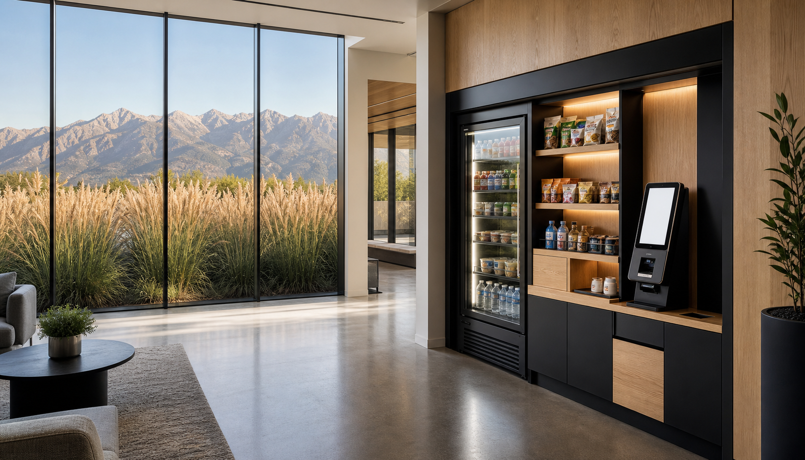 Modern workplace lobby with a self-service micro market, Karl Foerster grasses, and the Wasatch mountains beyond the windows